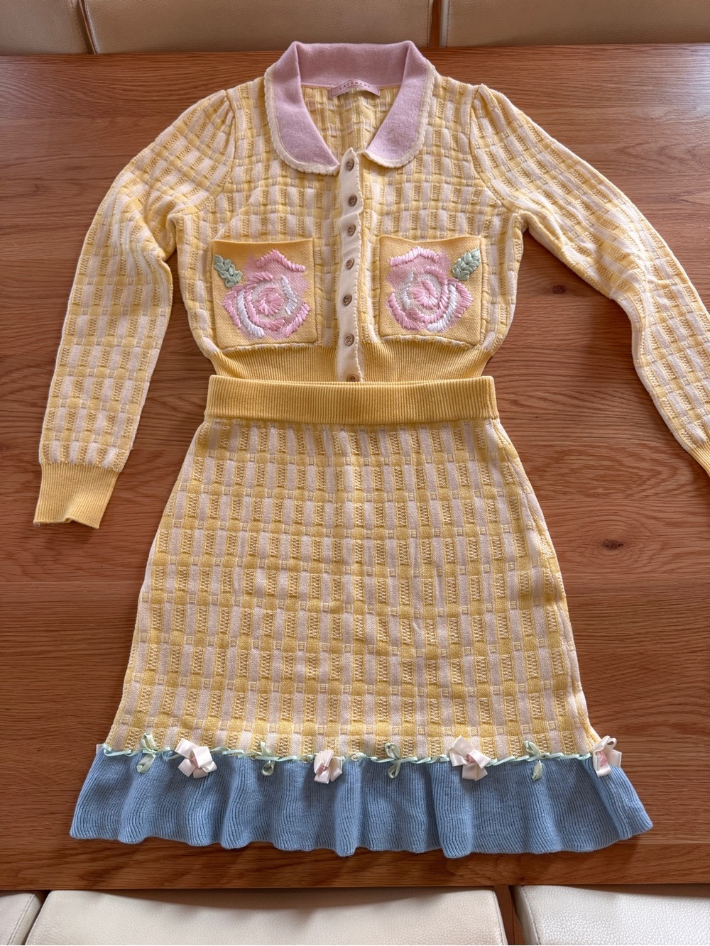 Lacemade Yellow flowered Knit Skirt with Blue Ruffle Hem & Matching Sweater Set - Picture 2 of 10